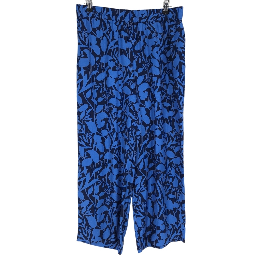 Talbots Wide Leg Pants Blue Floral High Rise Pull On Stretch Waist Petite PL